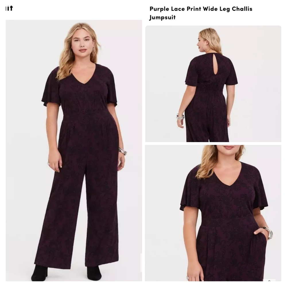 Torrid purple lace wide leg flutter sleeve jumpsuit plus size jumpsuit size 2